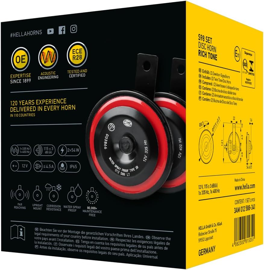 Kit Bocina Disco 98mm 12v. - 2 x 54 W - 335 / 400 Hz - Universal Negro/Rojo - Imagen 4