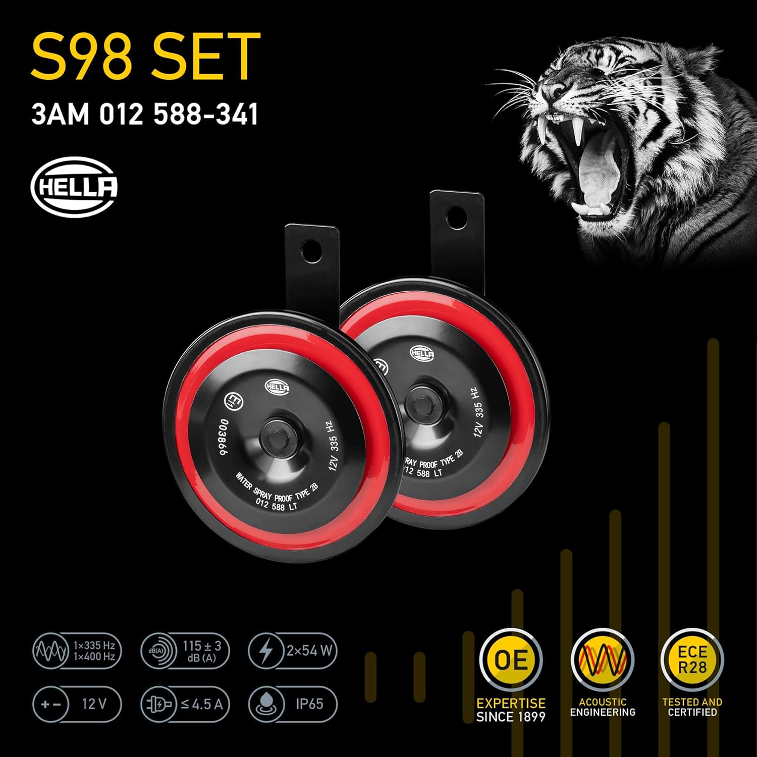 Kit Bocina Disco 98mm 12v. - 2 x 54 W - 335 / 400 Hz - Universal Negro/Rojo - Imagen 5